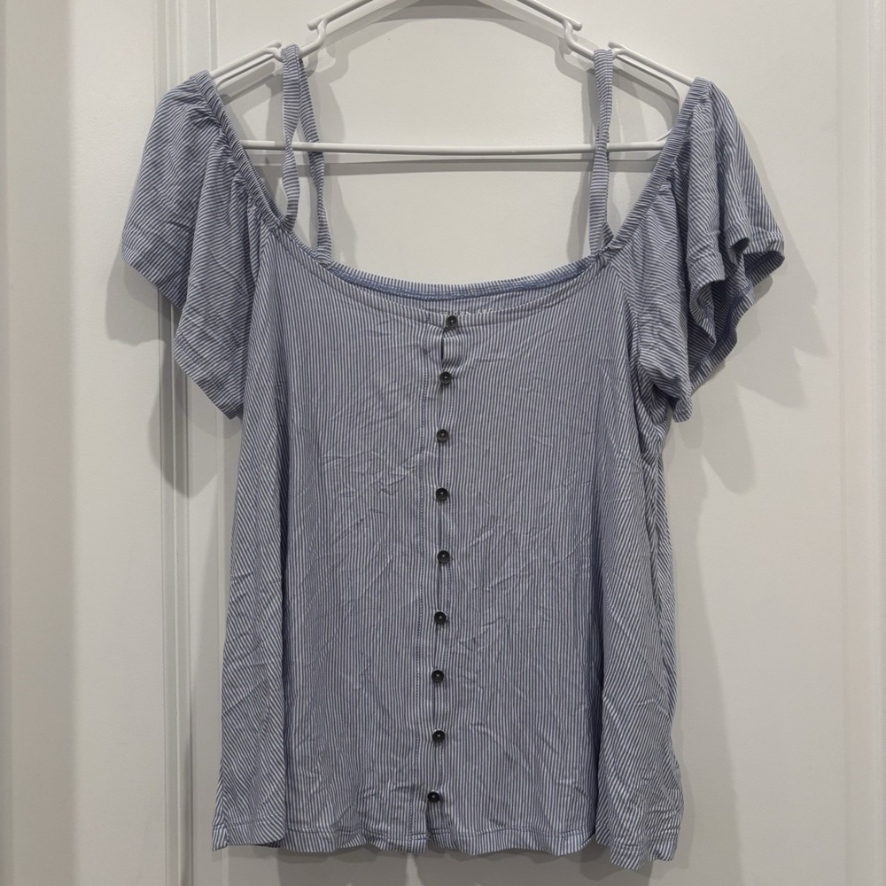 American Eagle Womens AEO Soft & Sexy Cold Shoulder Tee Top Blue Stripes Small